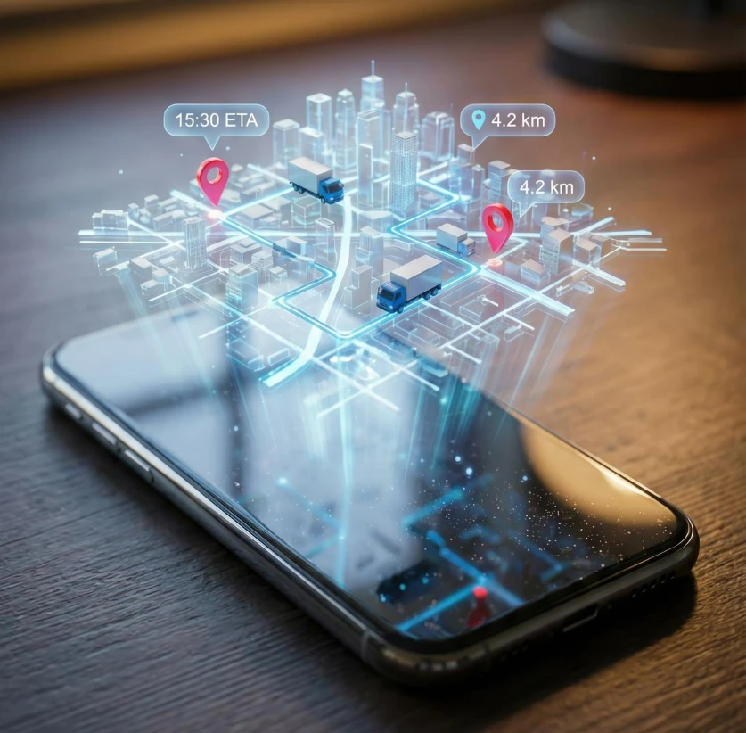 Smartphone projecting a 3D city map with highlighted routes, delivery trucks, and red location pins showing ETA and distance
