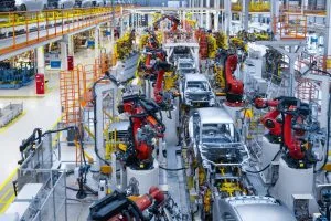Robotic arms assemble vehicle bodies on an automated automotive production line inside a modern manufacturing facility.