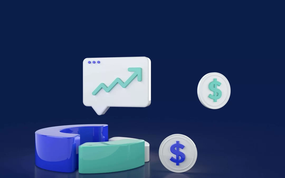 Business growth and global market expansion concept with financial chart, pie chart, and dollar icons representing multilingual business communication and international growth.