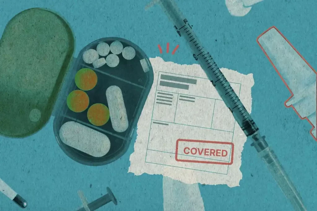 Medical insurance coverage concept with pills, syringe, and document marked covered