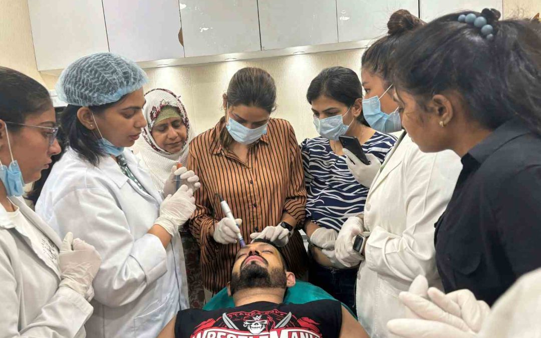 Medical professionals demonstrating a facial dermatology procedure in a clinical training session