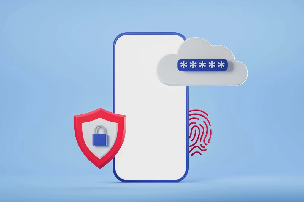 Smartphone with shield, fingerprint, and cloud icons symbolizing digital security
