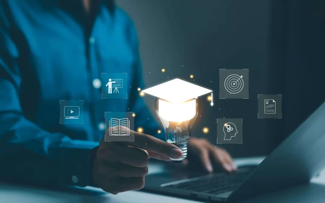 Education and e-learning concept with a graduation cap light bulb and digital learning icons