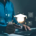 Education and e-learning concept with a graduation cap light bulb and digital learning icons