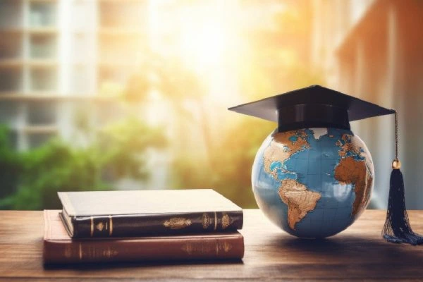 Globe with graduation cap symbolizing global education and multilingual learning