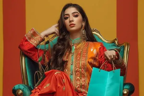 Female in vibrant traditional attire holding shopping bags