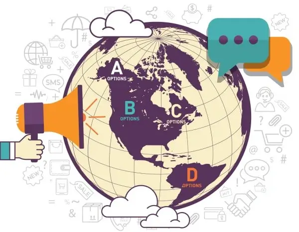 Stylized globe with megaphone and language options representing global communication