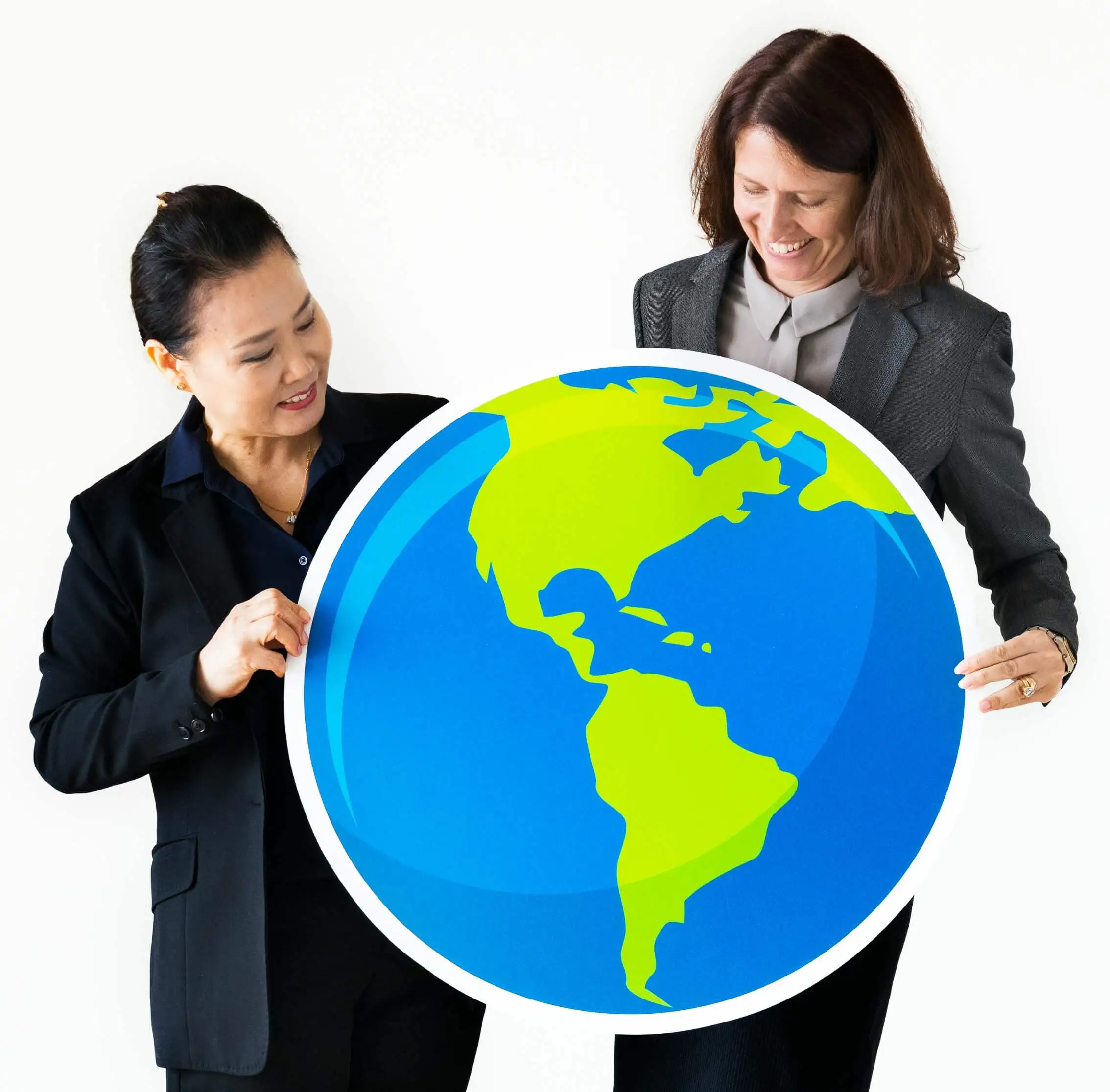 Two business professionals holding a stylized globe representing global collaboration and language connectivity.