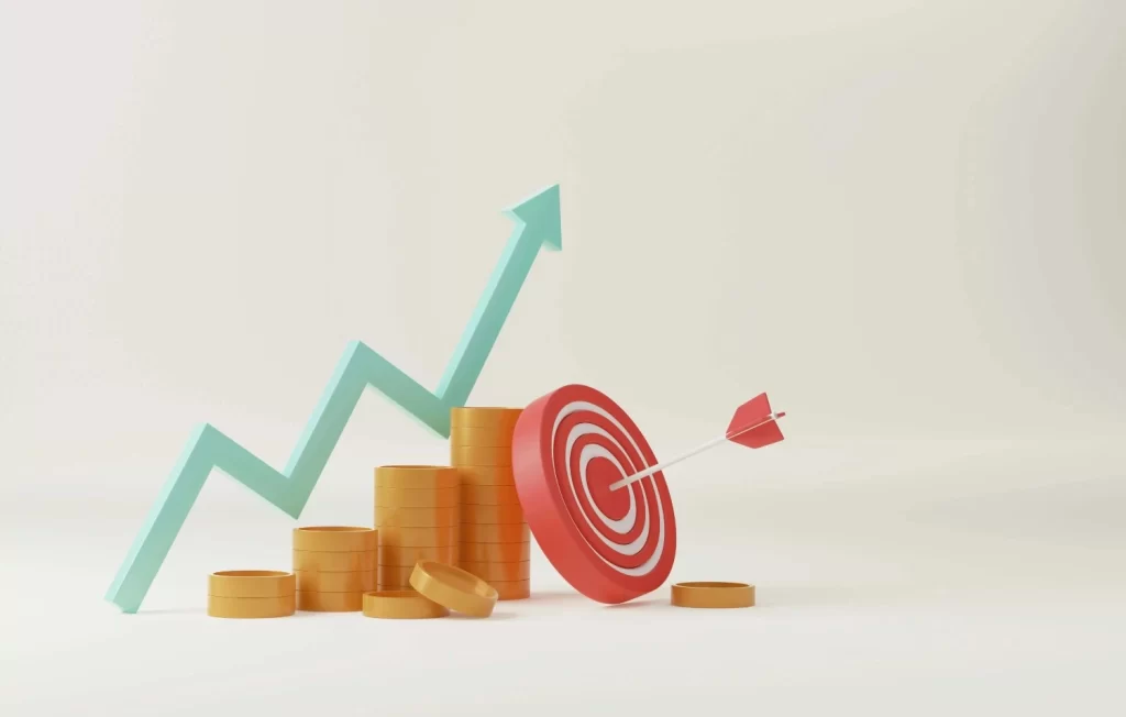 Upward growth chart with stacked coins and a target symbol, representing business growth, localization ROI, and successful global market expansion.
