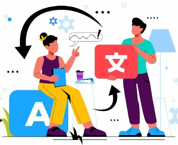 Illustration of people exchanging language blocks symbolizing translation
