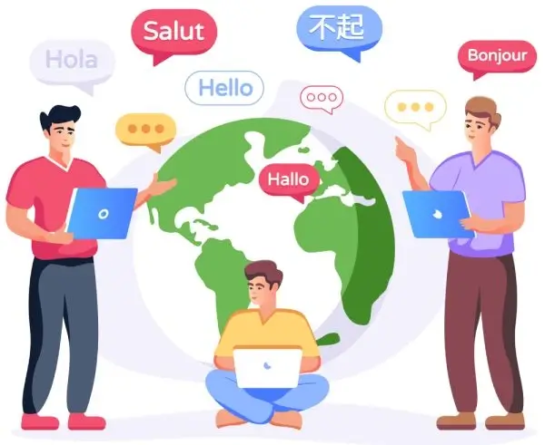 People with laptops around globe exchanging greetings in multiple languages