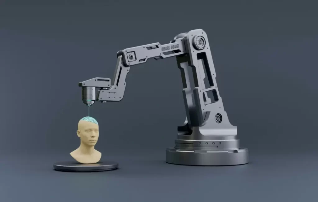 Robotic arm positioned above a human head model, symbolizing the collaboration between artificial intelligence, machine translation, and human post-editing in multilingual content creation.
