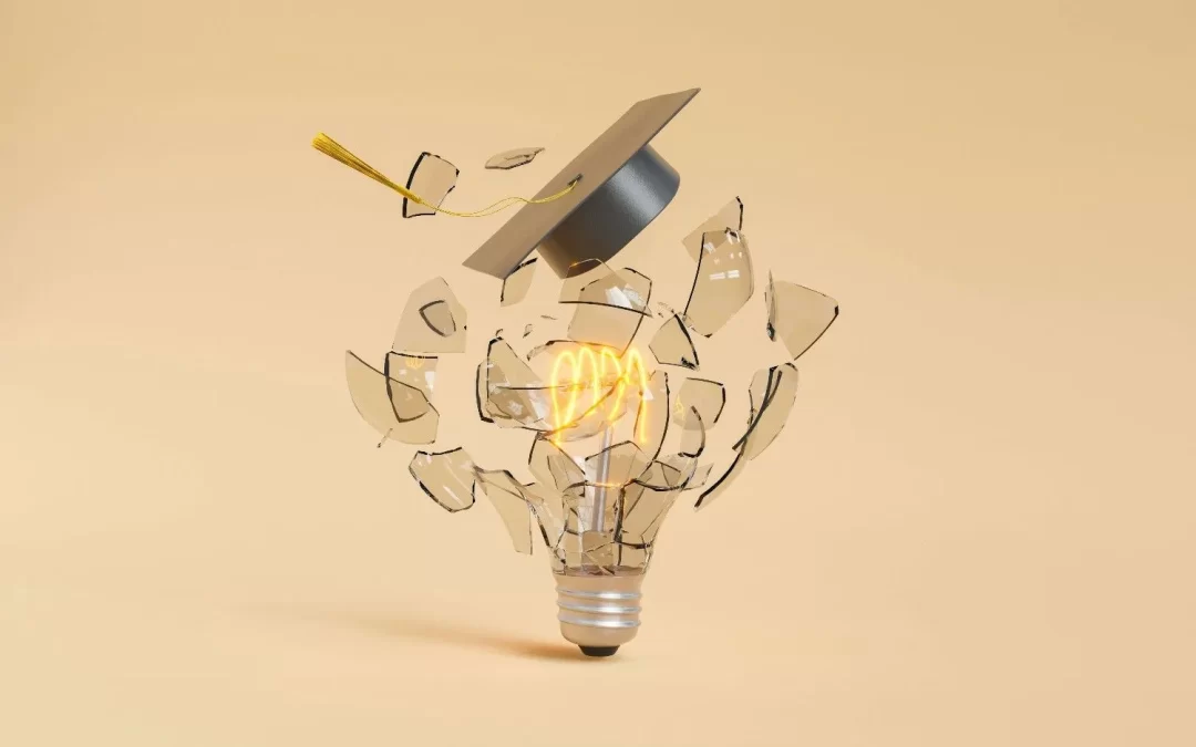 Broken light bulb with a glowing filament and graduation cap symbolizing innovation, intellectual property, patent translation, and global knowledge transfer.