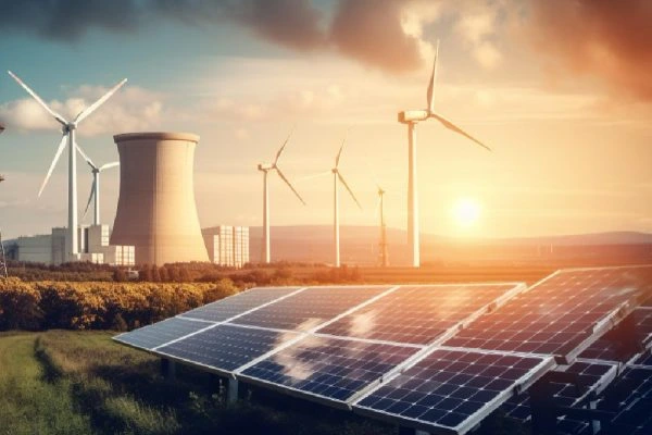 Solar panels, wind turbines, and nuclear plant representing global energy transition