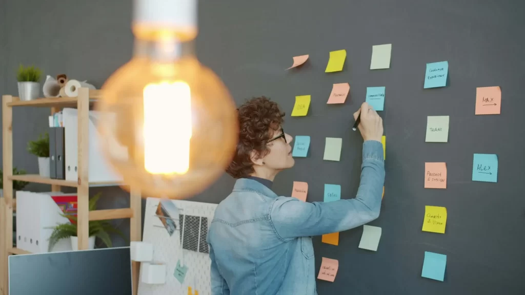 Team member organizing workflow notes on a planning board, representing software localization management, translation workflows, and multilingual product development.