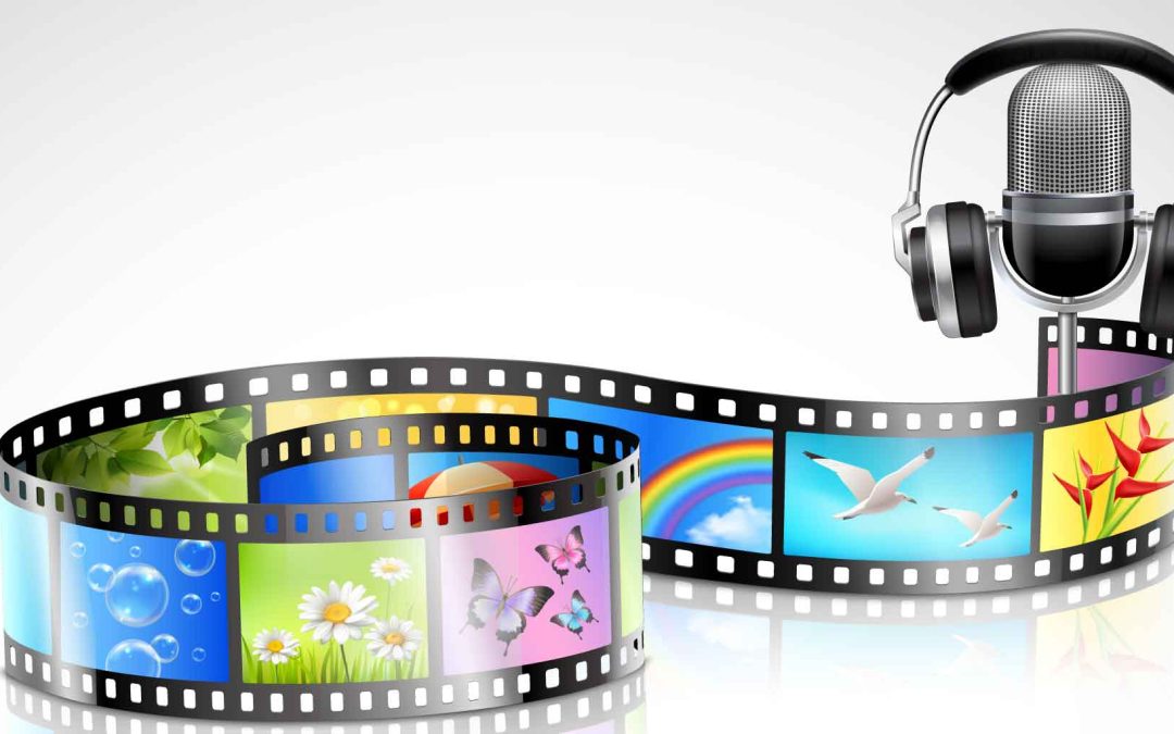 Illustration of a microphone with headphones and a colorful film strip displaying nature scenes, symbolizing audio transcription, subtitling, and multimedia content production.