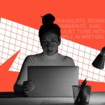 trusted-language-solutions – PSP Languages Person working on a laptop in a modern workspace with text about translating, rewriting, summarizing, and adjusting tone using AI writing tools.