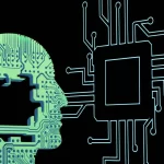 Digital human head with circuit-board pattern connected to a microchip, representing AI-powered language technology and machine translation.
