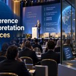 Conference interpretation services with multilingual interpreters in booths providing real-time translation for international audience