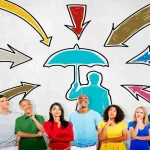 Group of people looking upward under umbrella illustration with arrows symbolizing protection and guidance