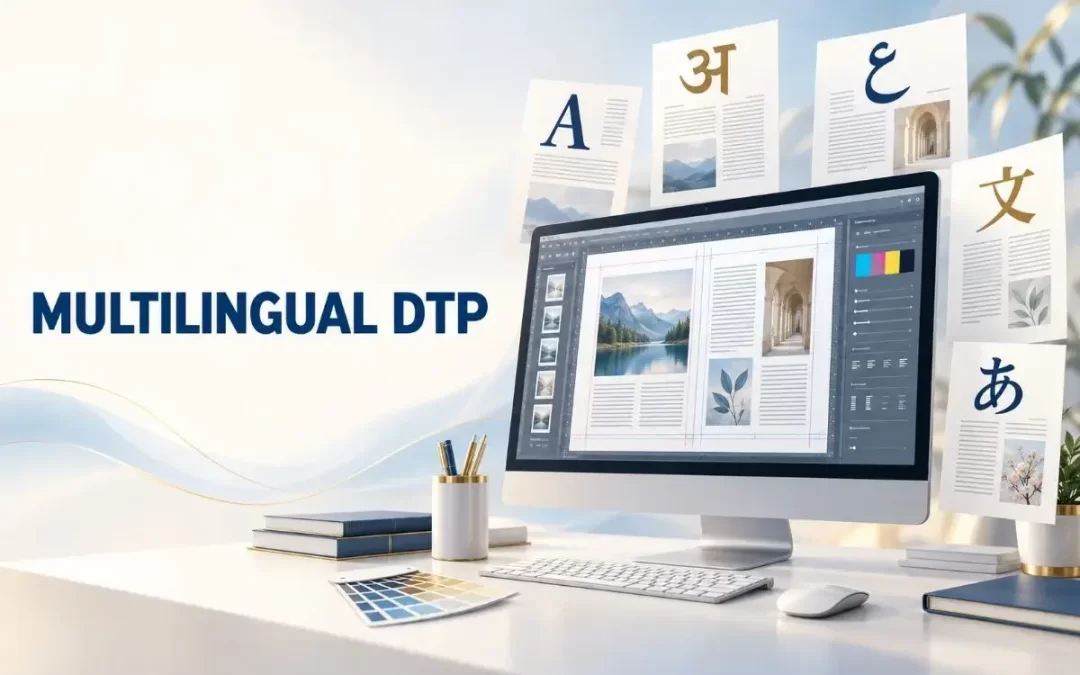 Computer screen displaying multilingual desktop publishing layouts with documents in multiple languages for translation and localization projects. Show more lines