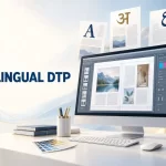 Computer screen displaying multilingual desktop publishing layouts with documents in multiple languages for translation and localization projects. Show more lines
