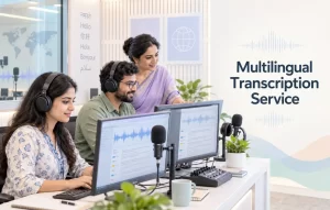 Team working on multilingual transcription with computers, headphones, and audio waveforms in a modern office