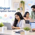 Team working with headsets on laptops for multilingual transcription service, with world map and greetings in different languages in background.