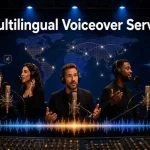 Professional multilingual voiceover artists recording diverse languages in a modern studio