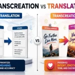Comparison of translation and transcreation showing translation focusing on linguistic accuracy between English and Spanish, while transcreation adapts marketing messages to preserve intent, emotion, tone, and cultural relevance. Show more lines