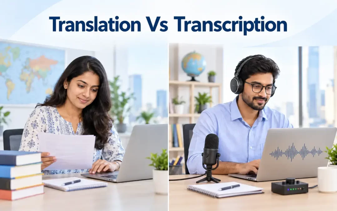 Comparison of translation and transcription services showing a professional working with written documents and another using audio equipment for speech-to-text transcription. Show more lines