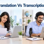Comparison of translation and transcription services showing a professional working with written documents and another using audio equipment for speech-to-text transcription. Show more lines