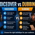 Comparison infographic showing voiceover and dubbing services, highlighting differences in original audio usage, lip-sync requirements, production process, and ideal applications for multilingual content localization. Show more lines