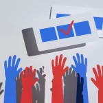 Colorful raised hands reaching toward a ballot card with a red checkmark symbolizing voting and participation